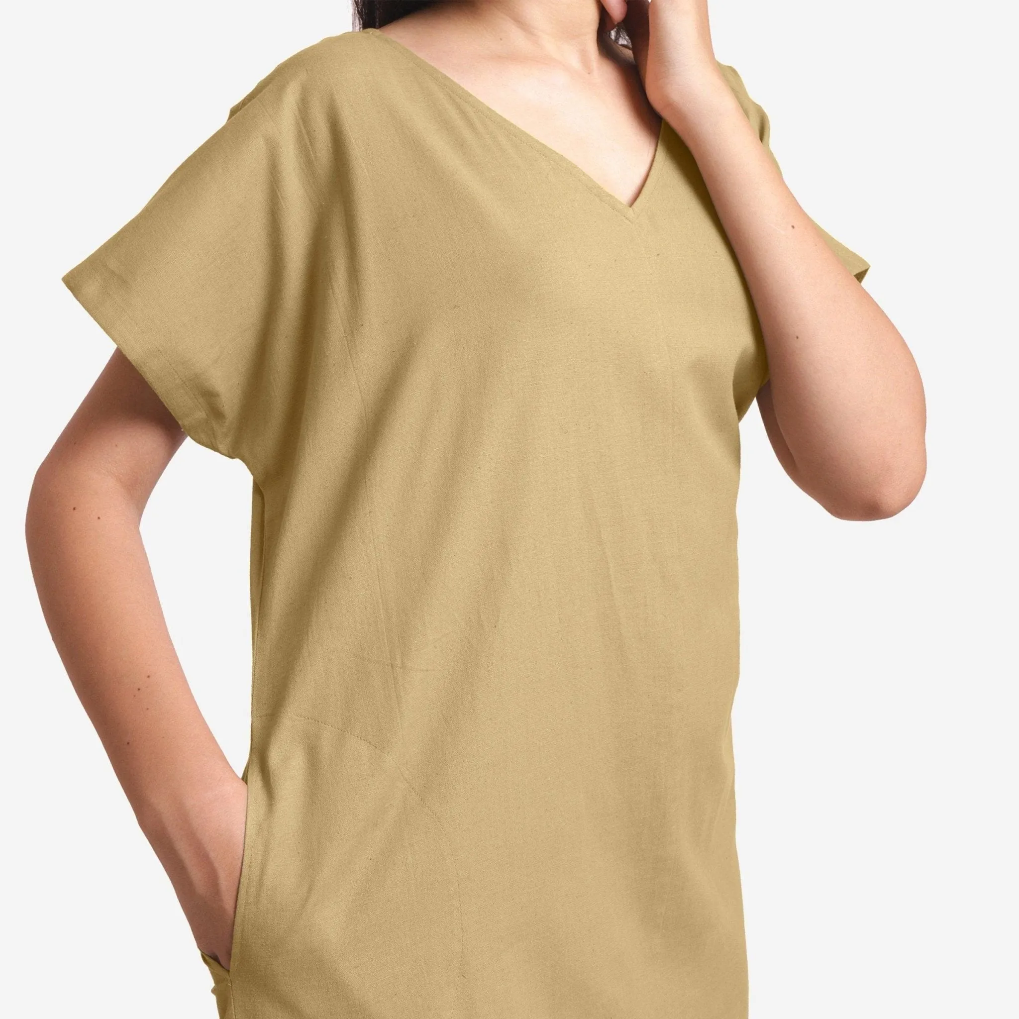 Light Khaki Cotton Flax V-Neck Short Shift Tunic