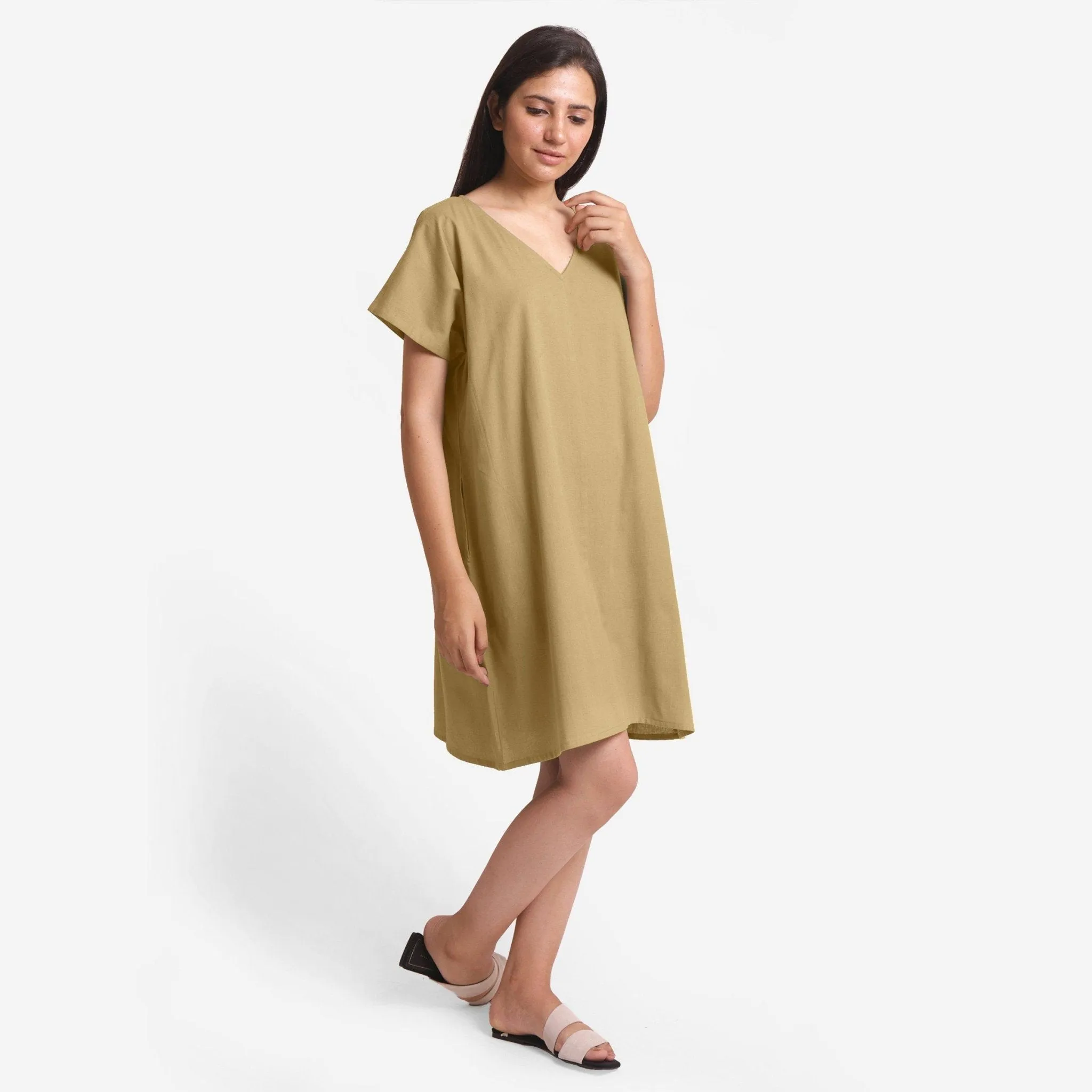 Light Khaki Cotton Flax V-Neck Short Shift Tunic