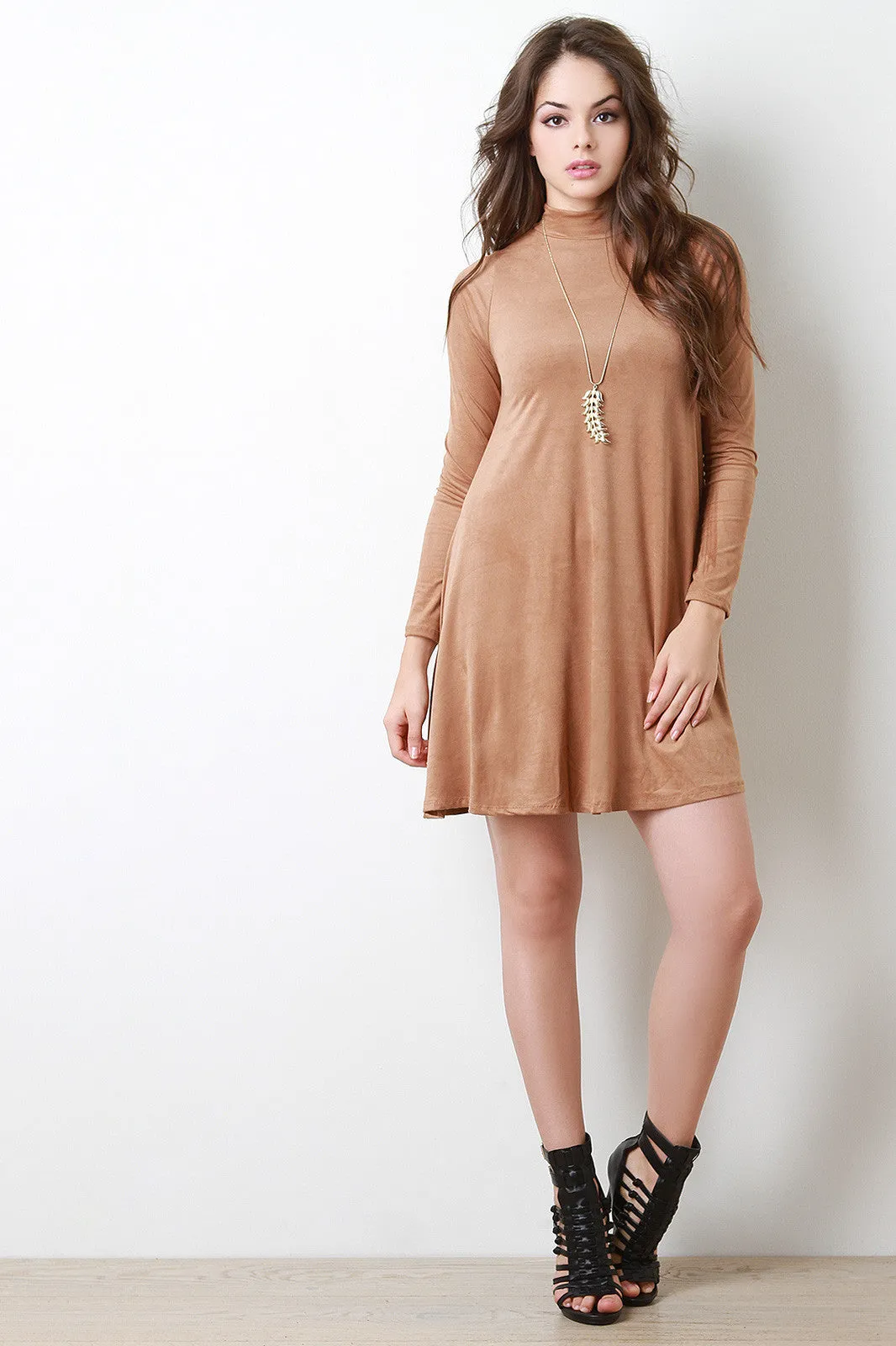 Long Sleeve Mock Suede Shift Dress