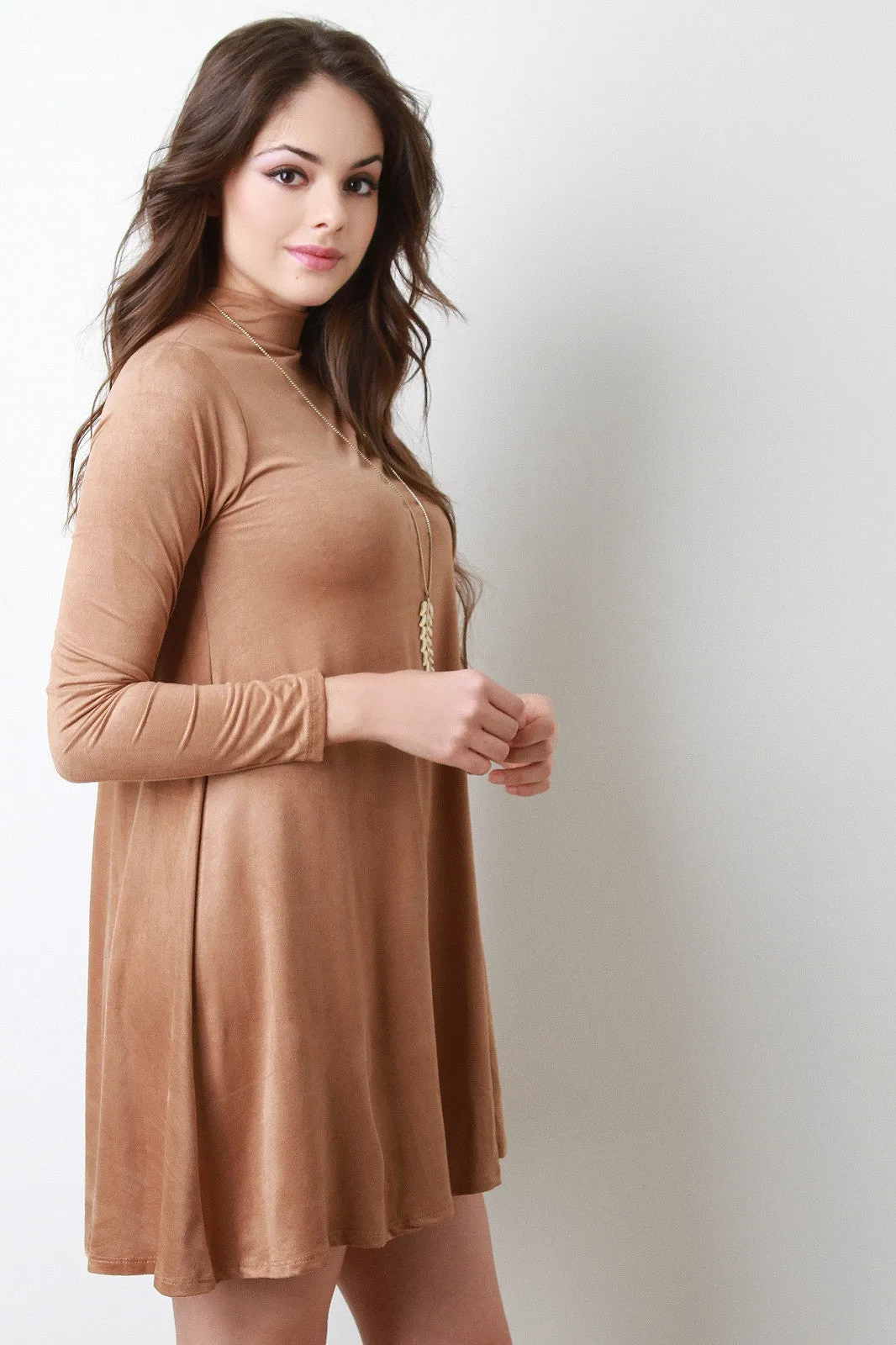 Long Sleeve Mock Suede Shift Dress