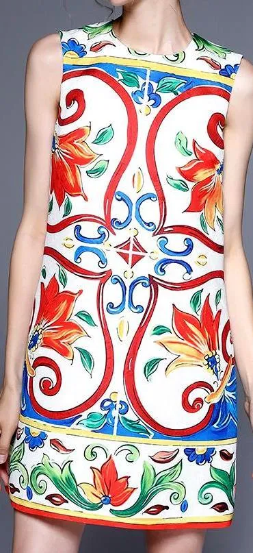 Majolica Print Mini Shift Dress, Multicolored