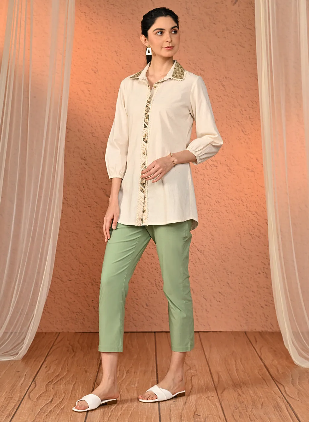 Mehr Sea Green Cotton Relaxed Fit Trousers for Women