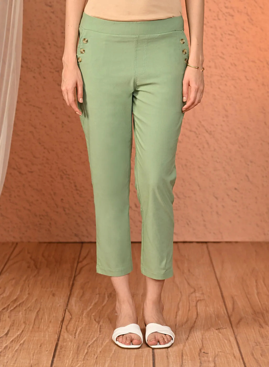 Mehr Sea Green Cotton Relaxed Fit Trousers for Women