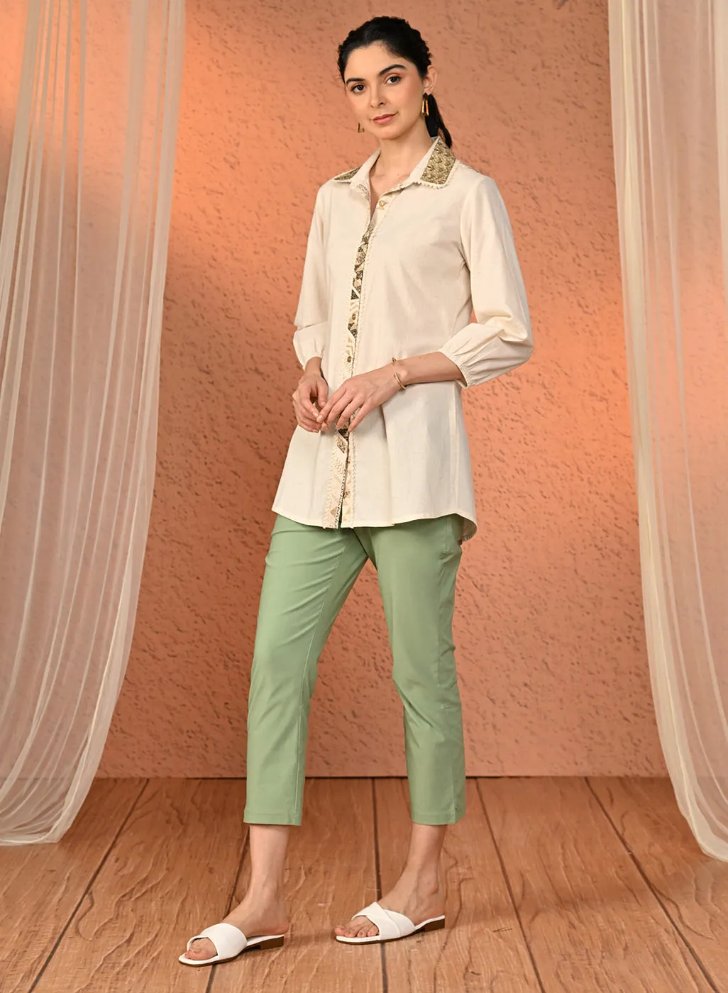 Mehr Sea Green Cotton Relaxed Fit Trousers for Women