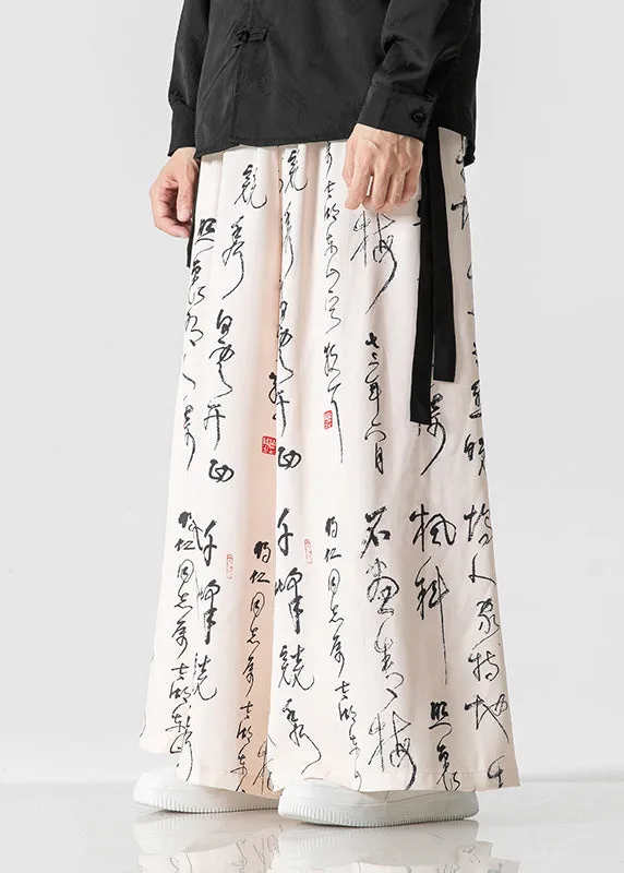 Men's Chinese Style Beige Ancient Text Printed Loose Wide Leg Pants SA039