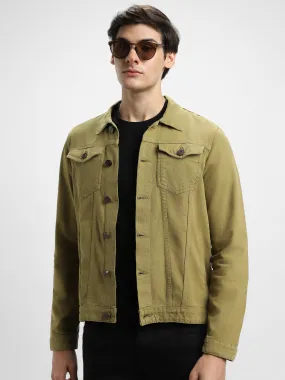 Men's Regular Fit Long Sleeve Button Down Panel Denim Jacket Lightweight Trucker Jacket (Olive)