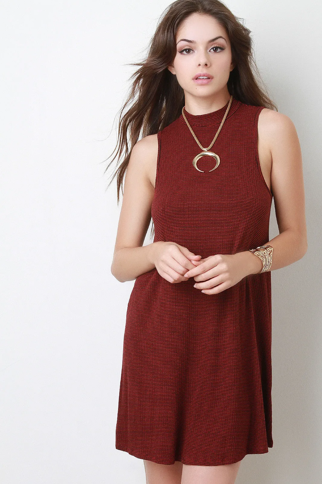 Mock Neck Striped Mini Shift Tunic