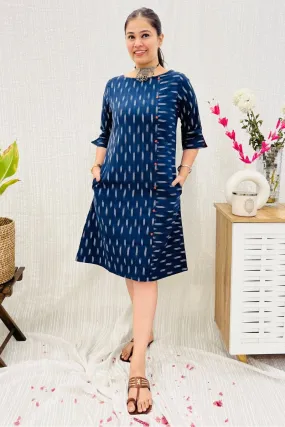 Navy Ikat Formal Shift Dress With Pockets