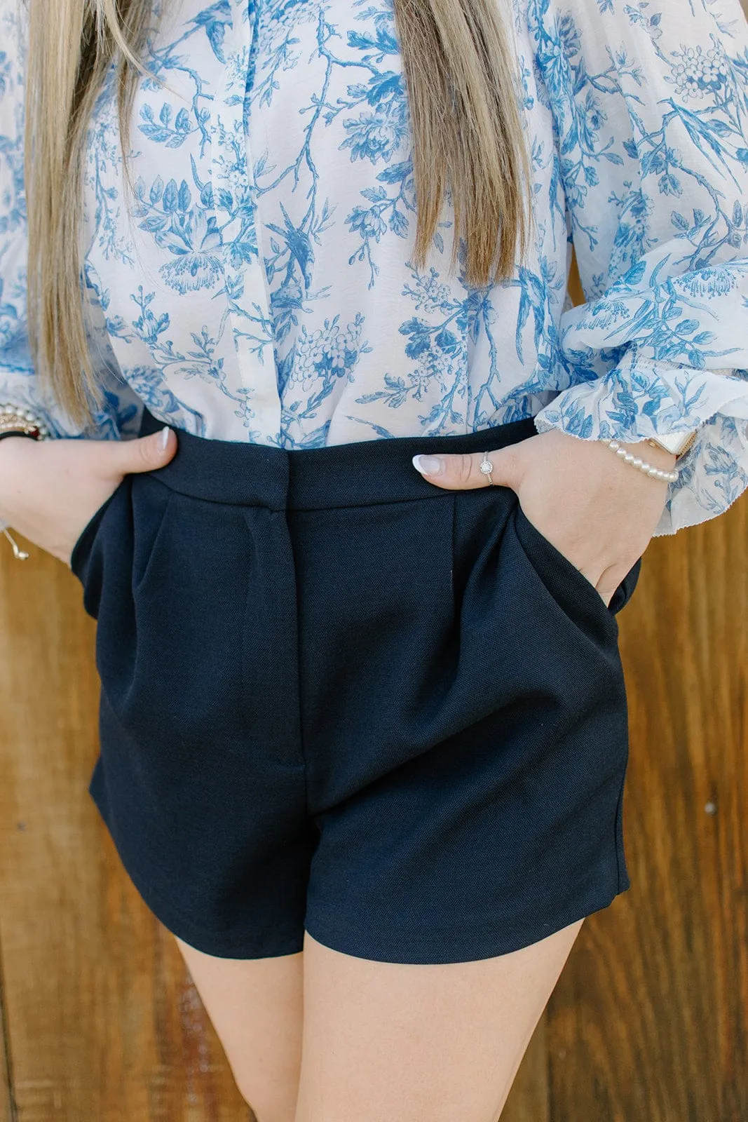 Navy Pleated High Waisted Shorts