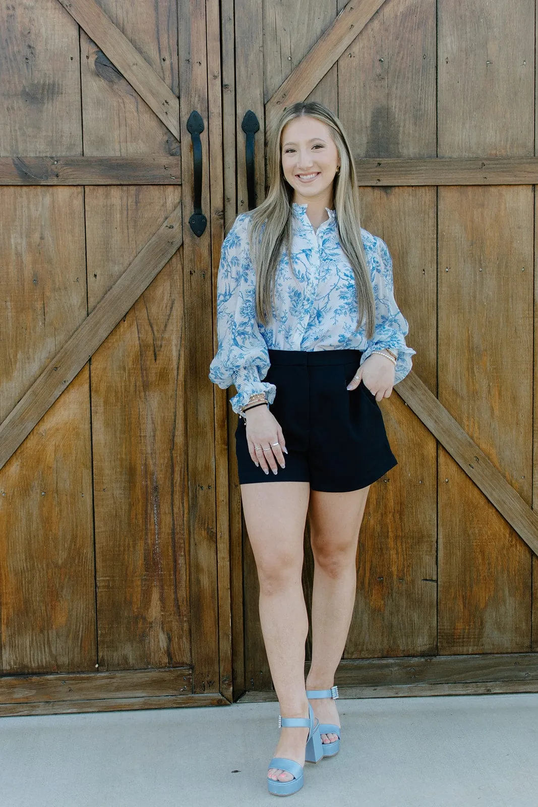 Navy Pleated High Waisted Shorts