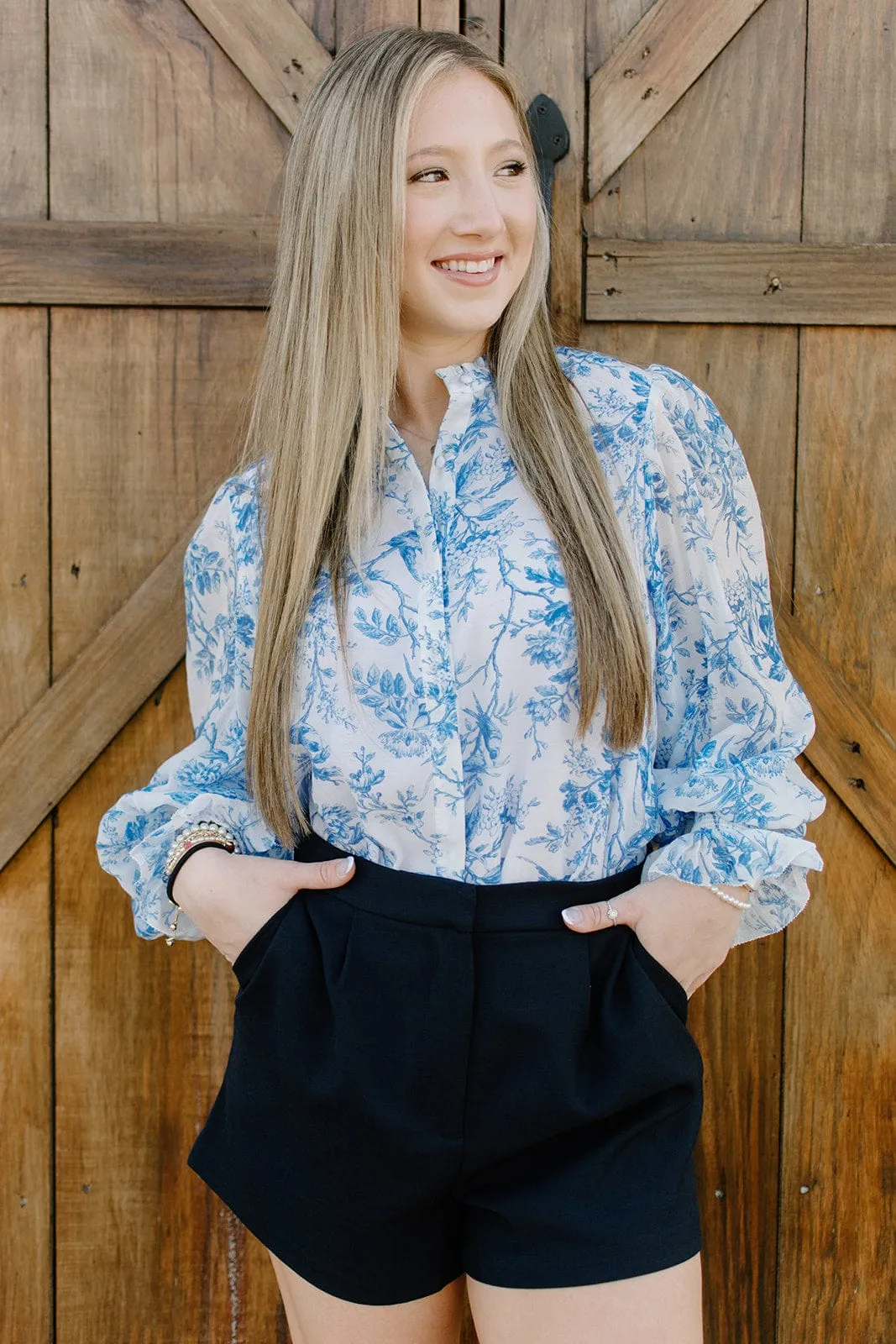 Navy Pleated High Waisted Shorts