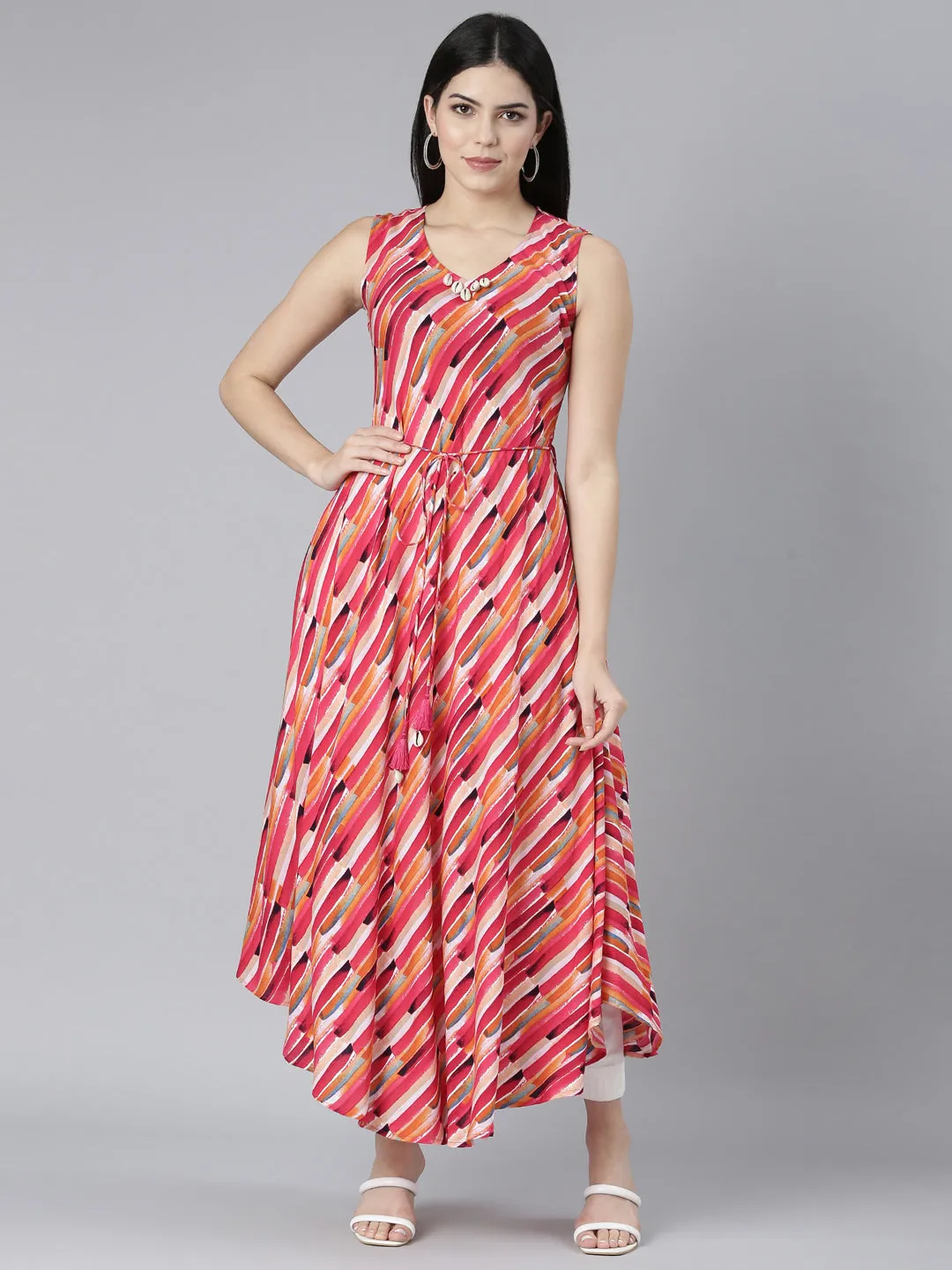 Neerus Pink High-Low Casual Striped Fit and Flare Dresses