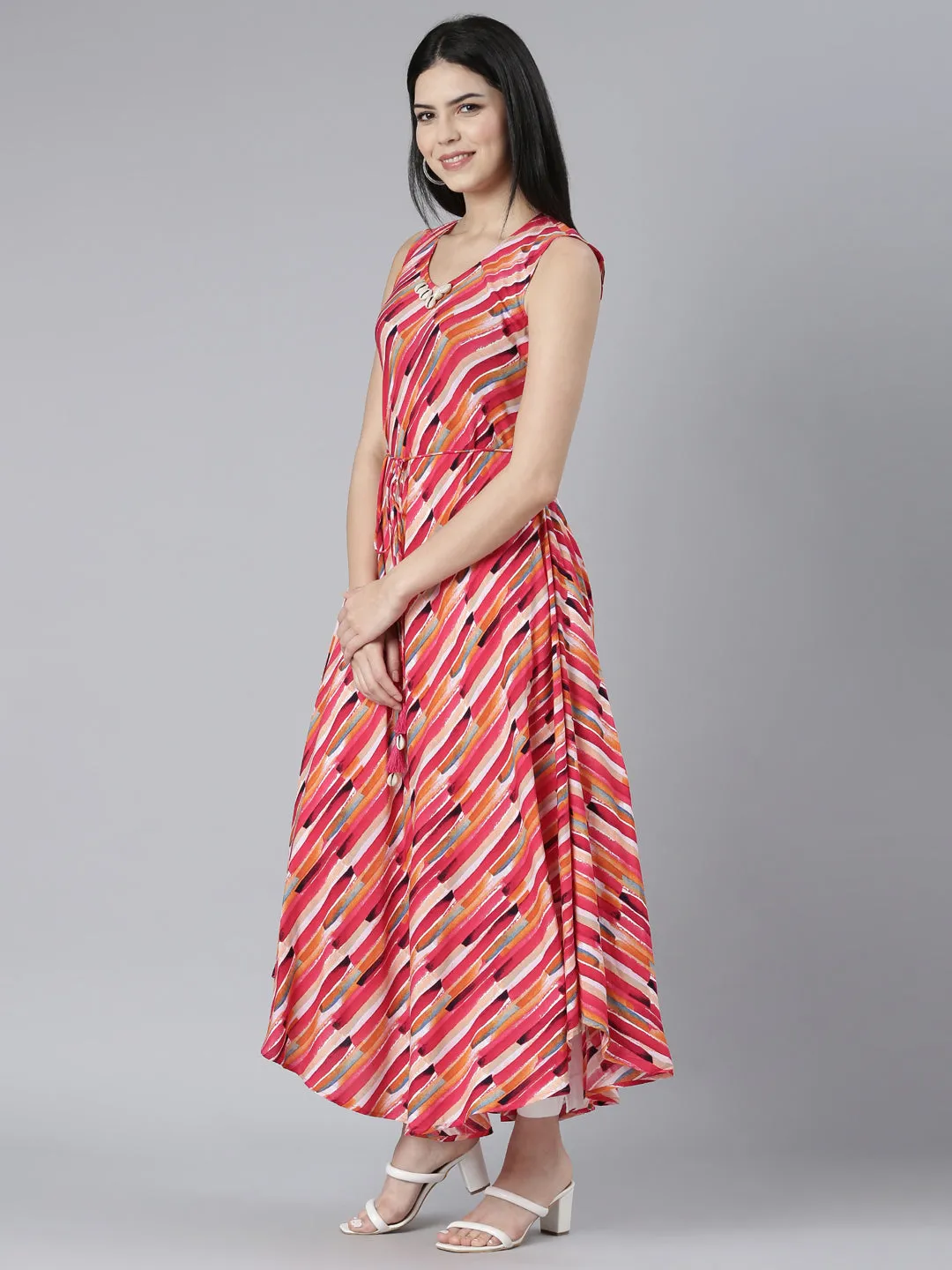 Neerus Pink High-Low Casual Striped Fit and Flare Dresses