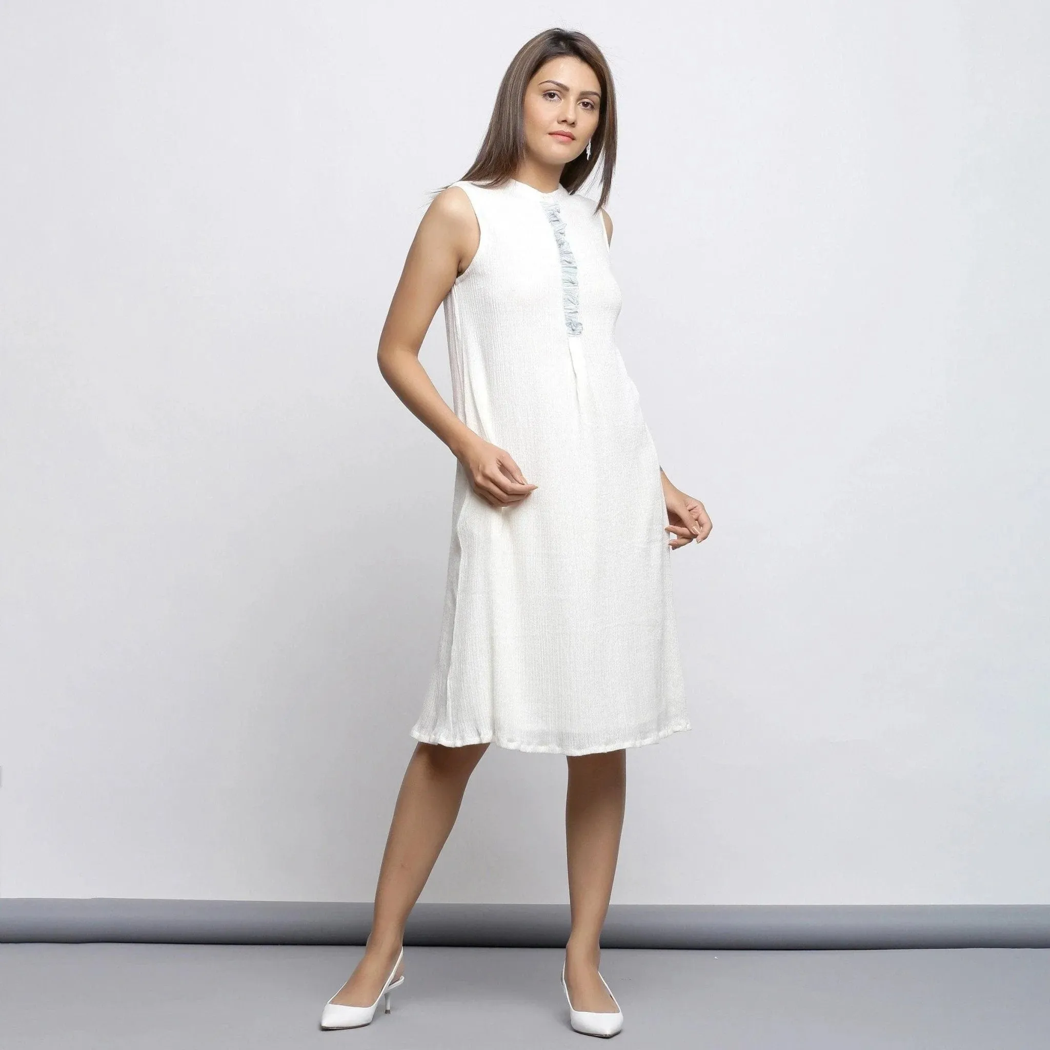 Off-White Crinkled Cotton Mandarin Collar Knee Length Dress