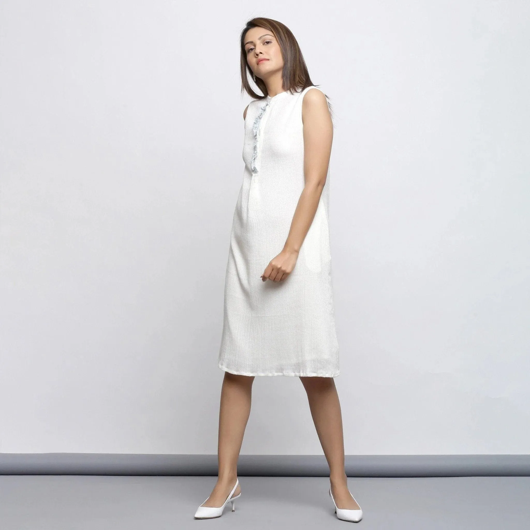 Off-White Crinkled Cotton Mandarin Collar Knee Length Dress