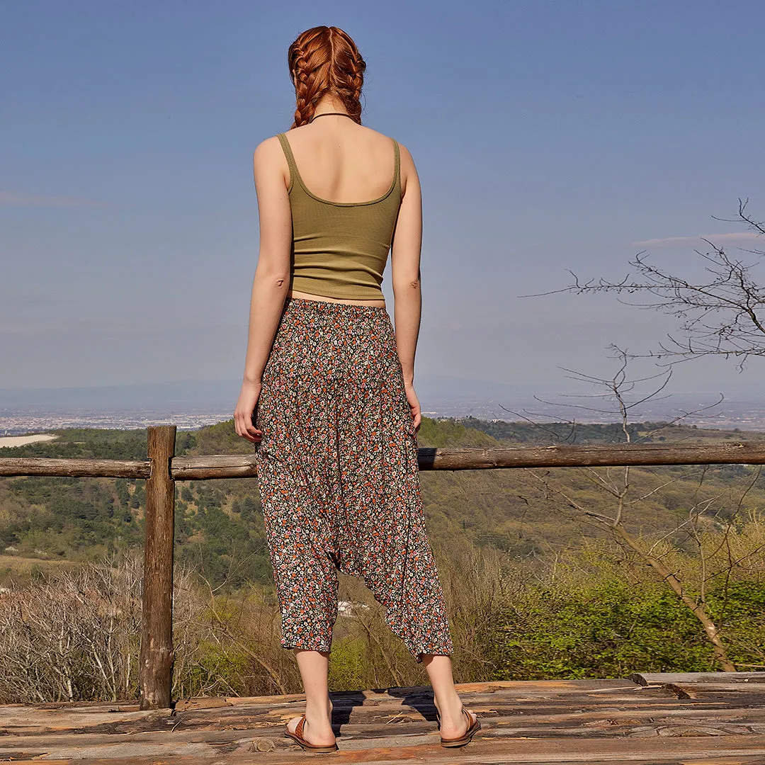 Orange Floral Patterned Elastic Waist Capri Harem Pants