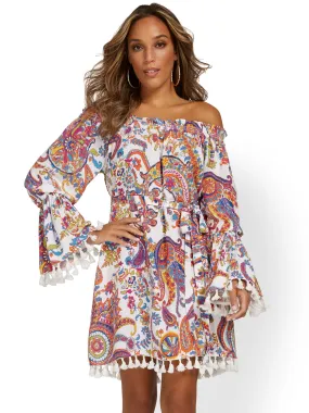 Paisley Off-The Shoulder Tassel-Hem Dress