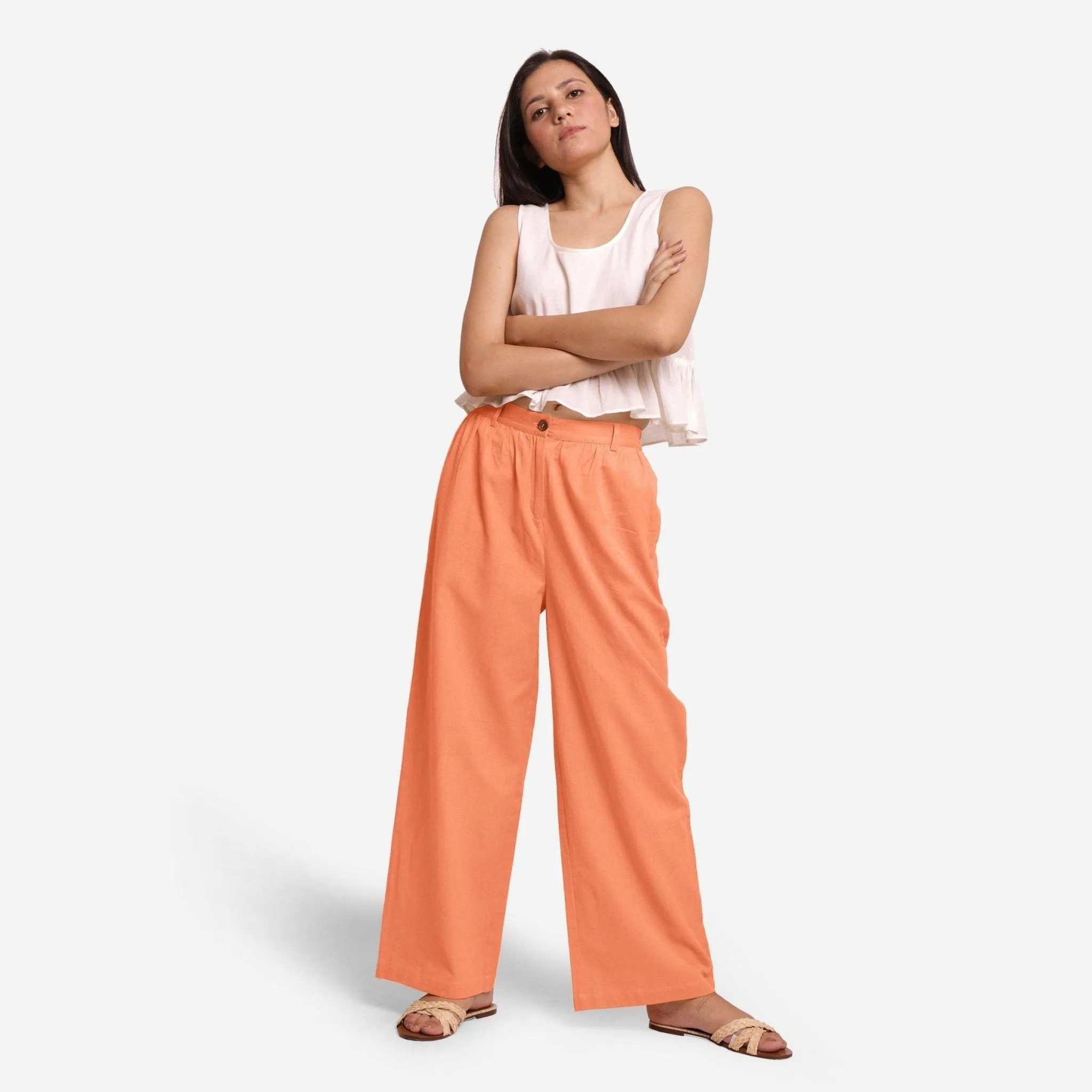 Peach Cotton Flax Elasticated Wide Legged Pant