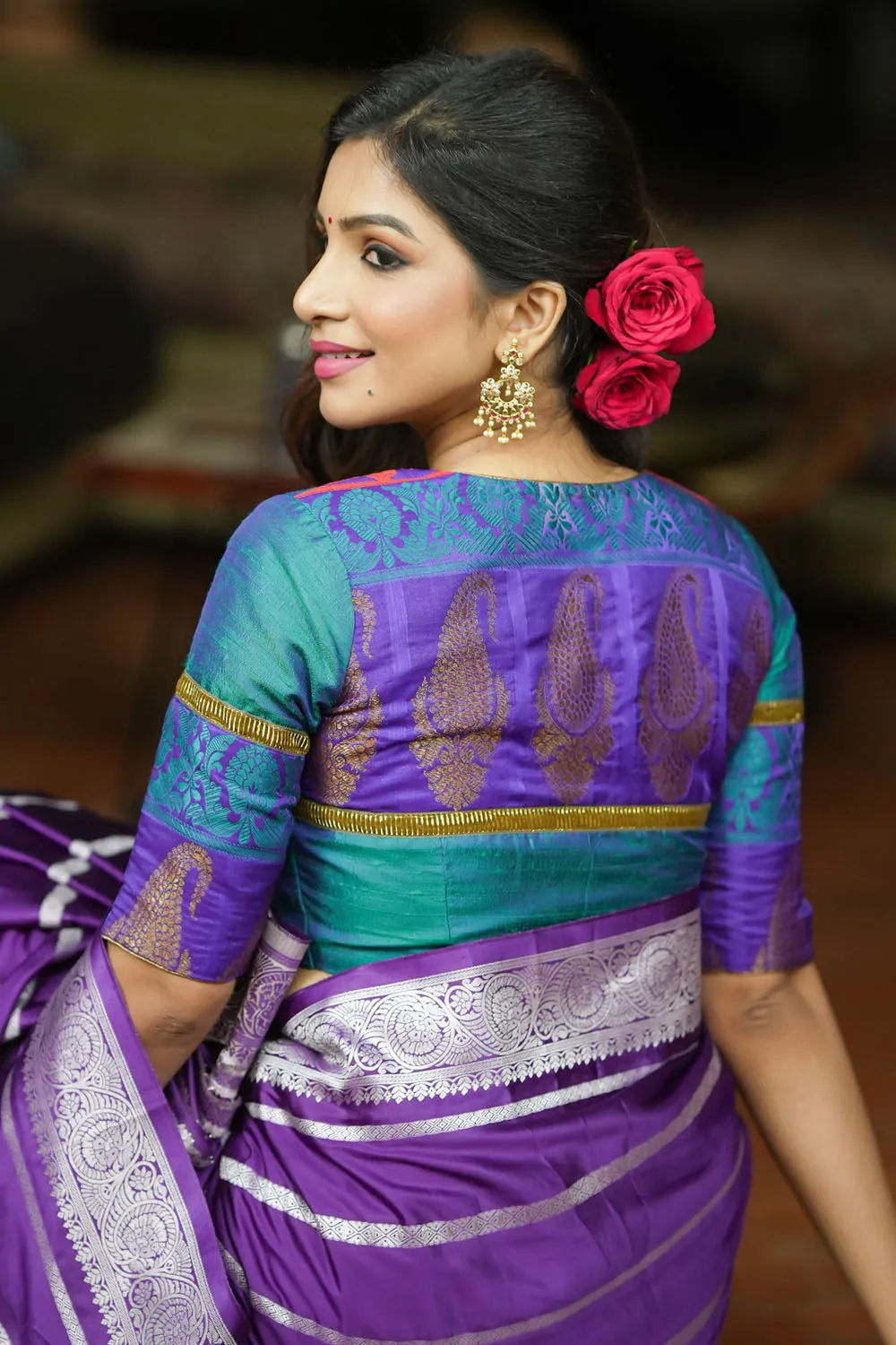 Peacock blue rawsilk with purple brocade  U neck Blouse