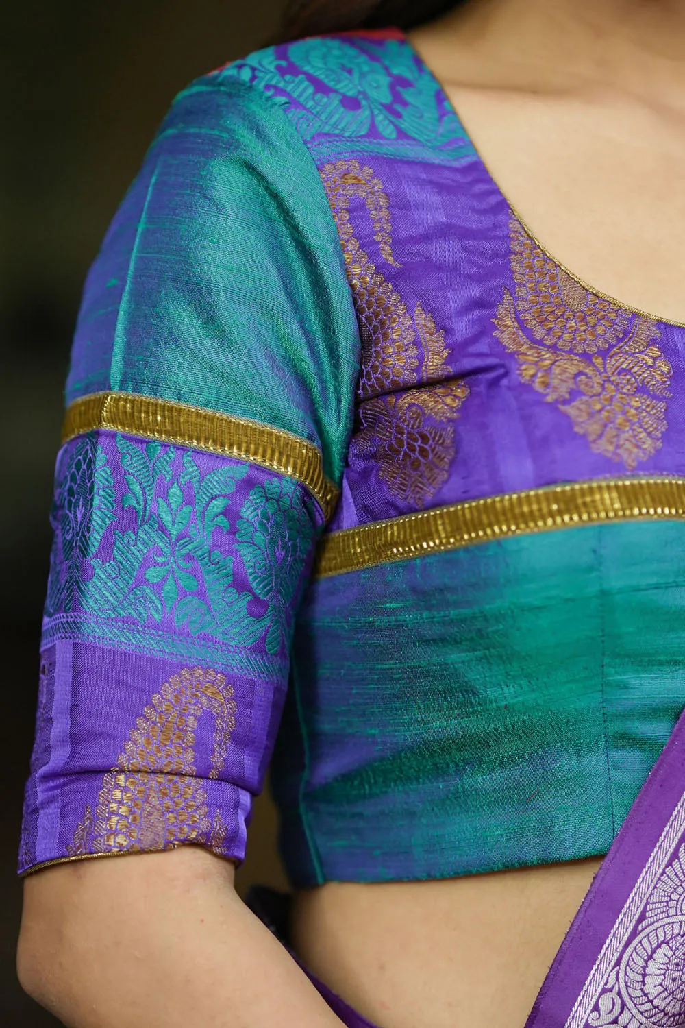 Peacock blue rawsilk with purple brocade  U neck Blouse