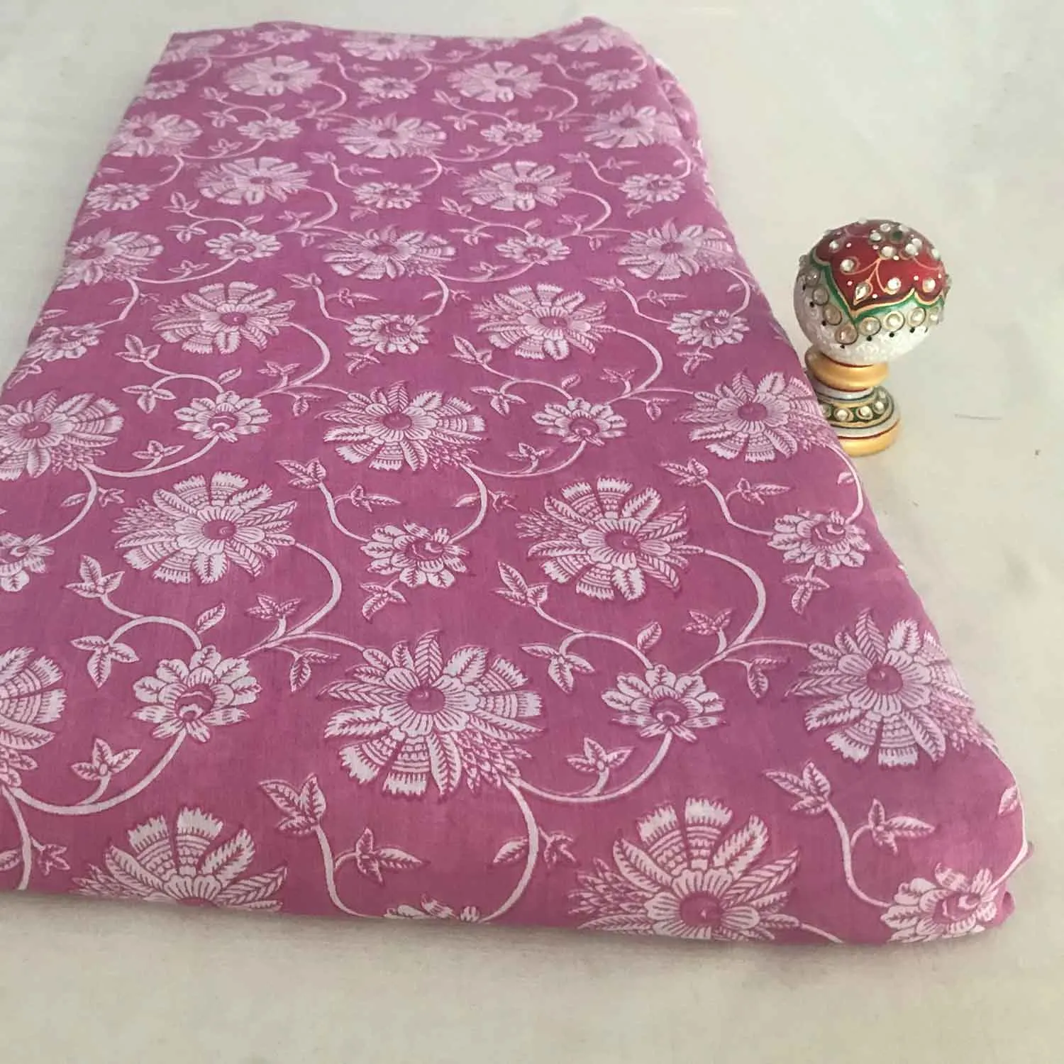 Pink And White Florals Viscose Muslin Silk Fabric