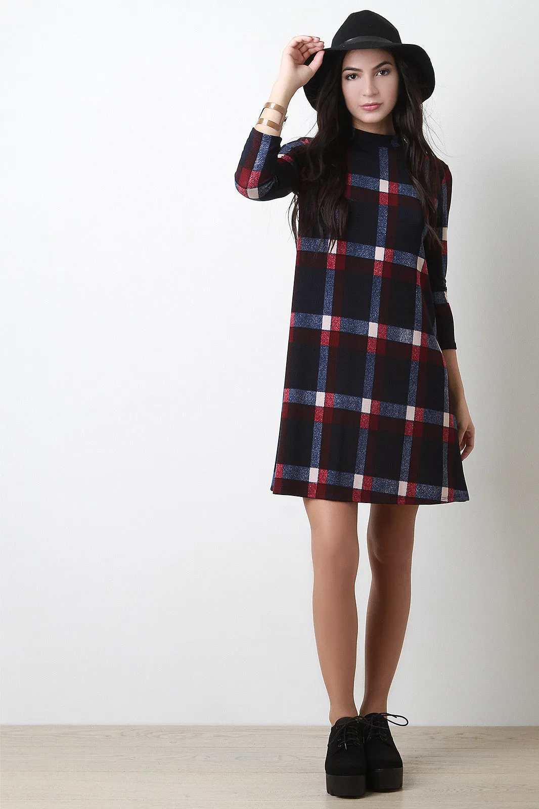 Plaid Mock Neck Shift Dress