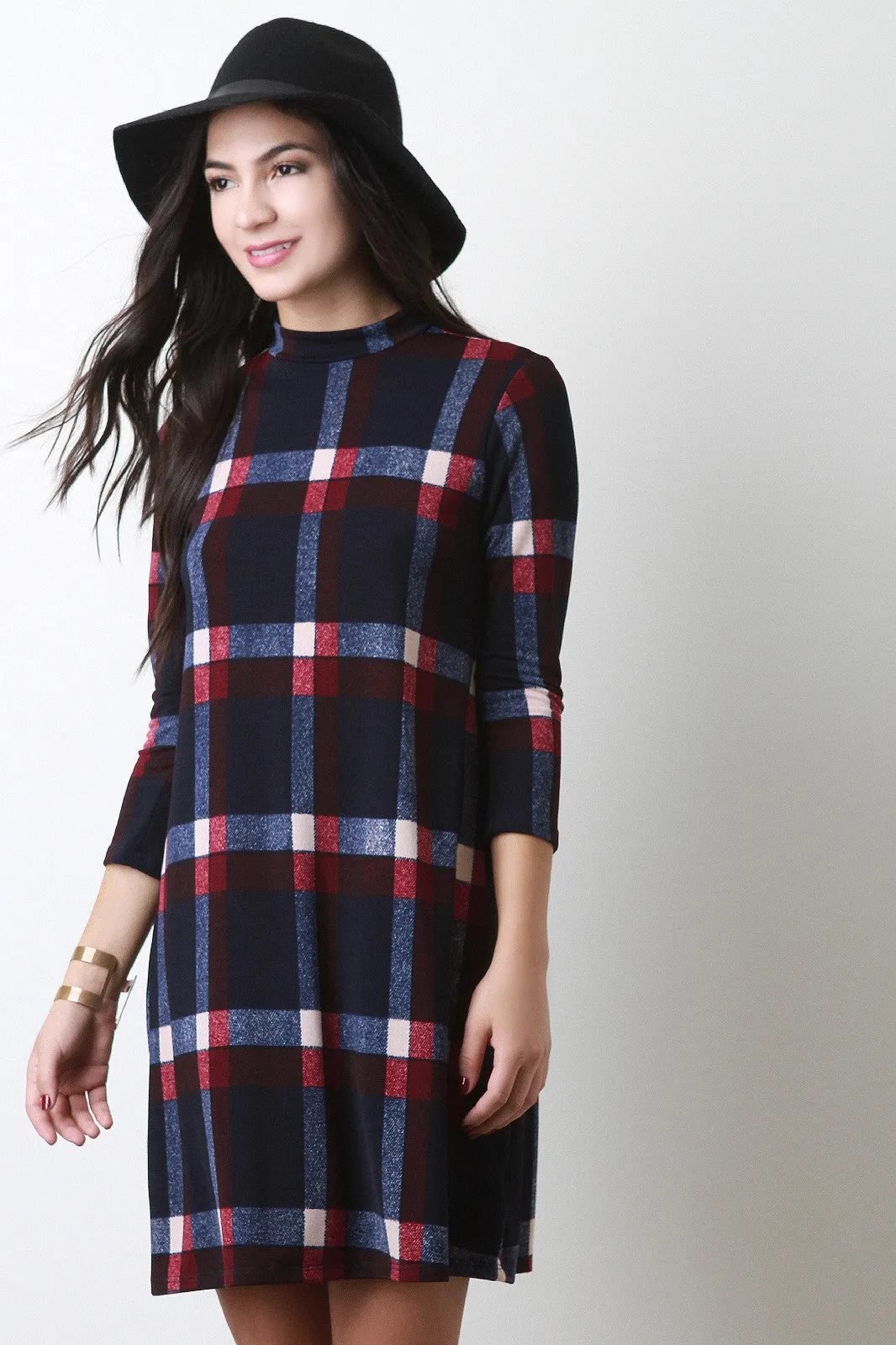 Plaid Mock Neck Shift Dress