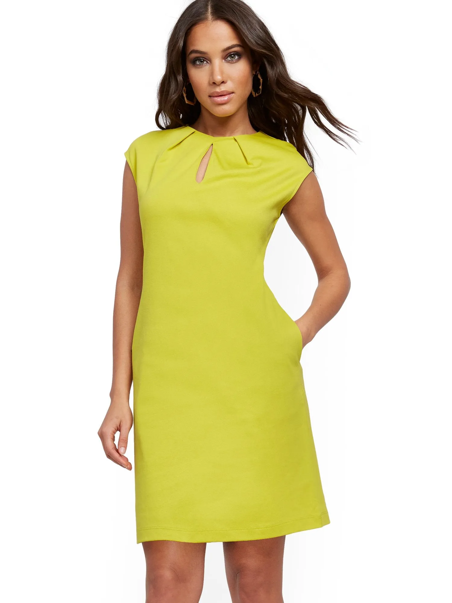 Pleated Cotton Keyhole Shift Dress