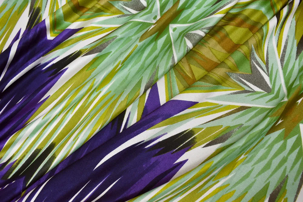 Purple-Green-Multi Abstract Geometric Print Stretch Silk Jersey Knit Fabric