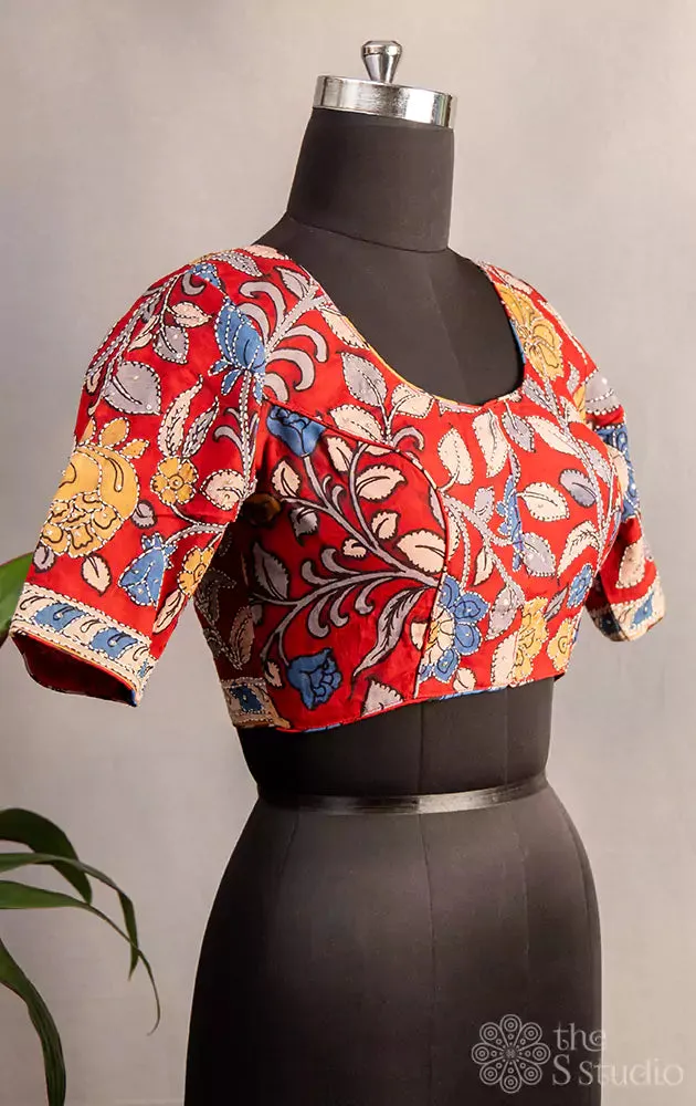 Red pen kalamkari hand painted silk blouse with kantha embroidery