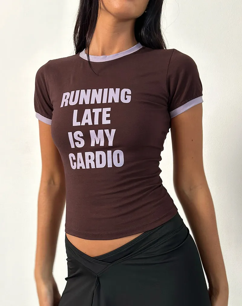 Rinea Tee Top in Bitter Chocolate with Violet Binding and Running Late Slogan