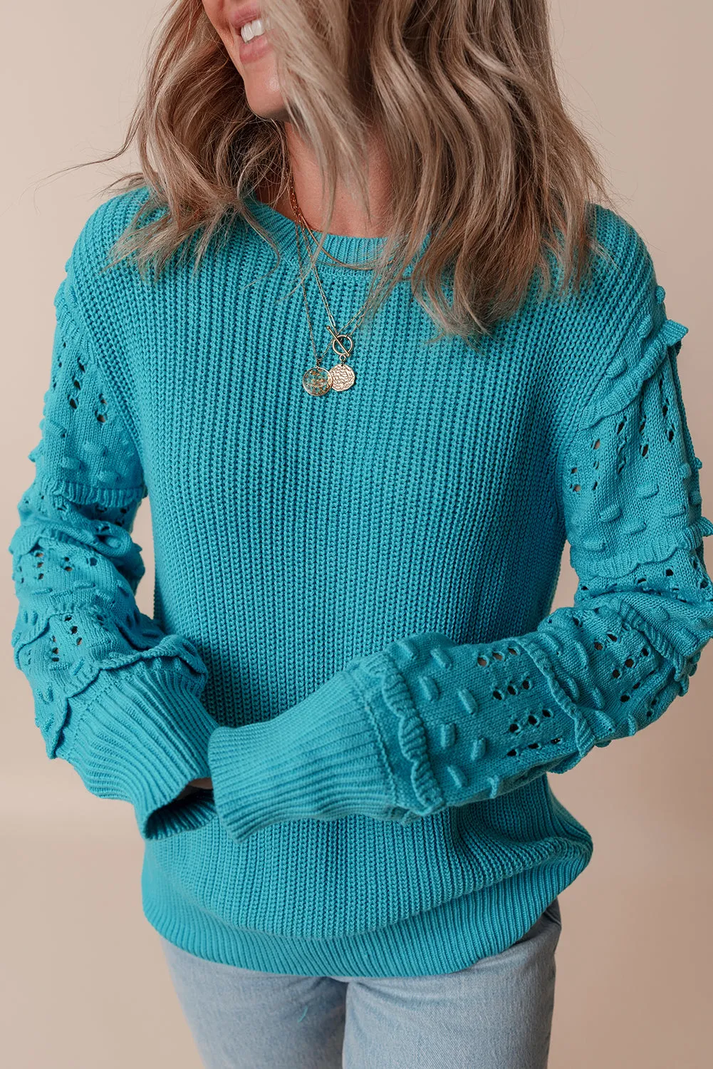 Ruffled Eyelet Bubble Sleeve Sweater