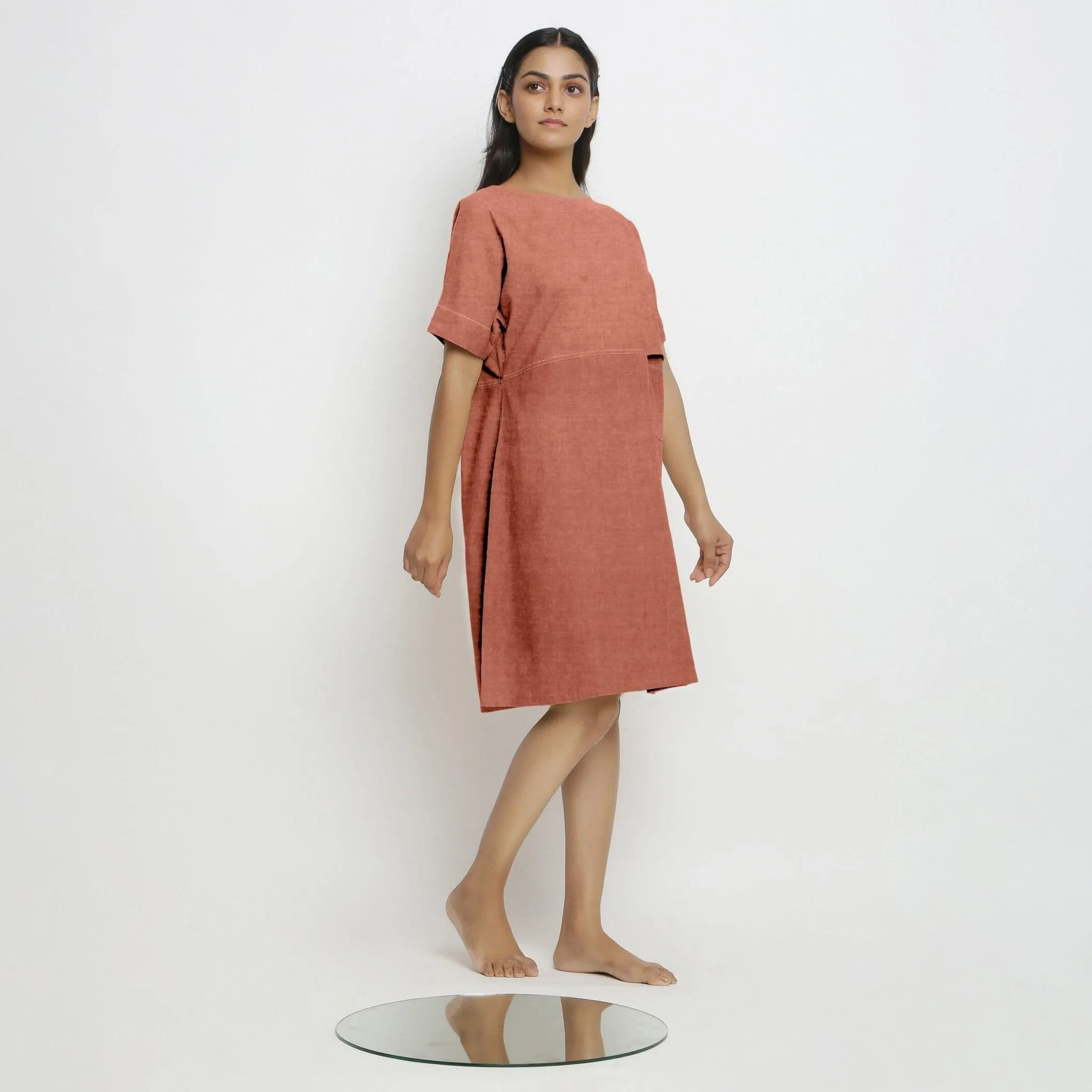 Rust Cotton Linen Yoked Knee Length Shift Dress