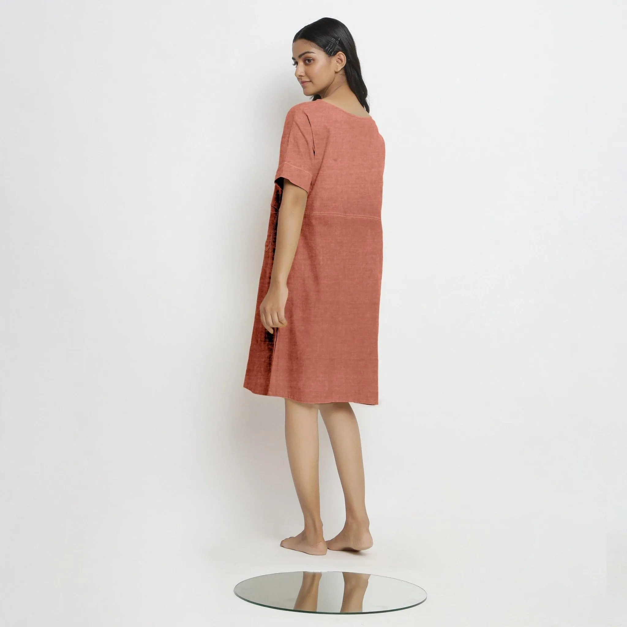 Rust Cotton Linen Yoked Knee Length Shift Dress