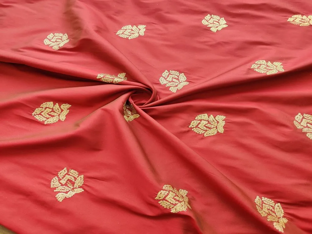 Rust Red Golden Sequins Rose Motifs Embroidered Taffeta Silk Fabric