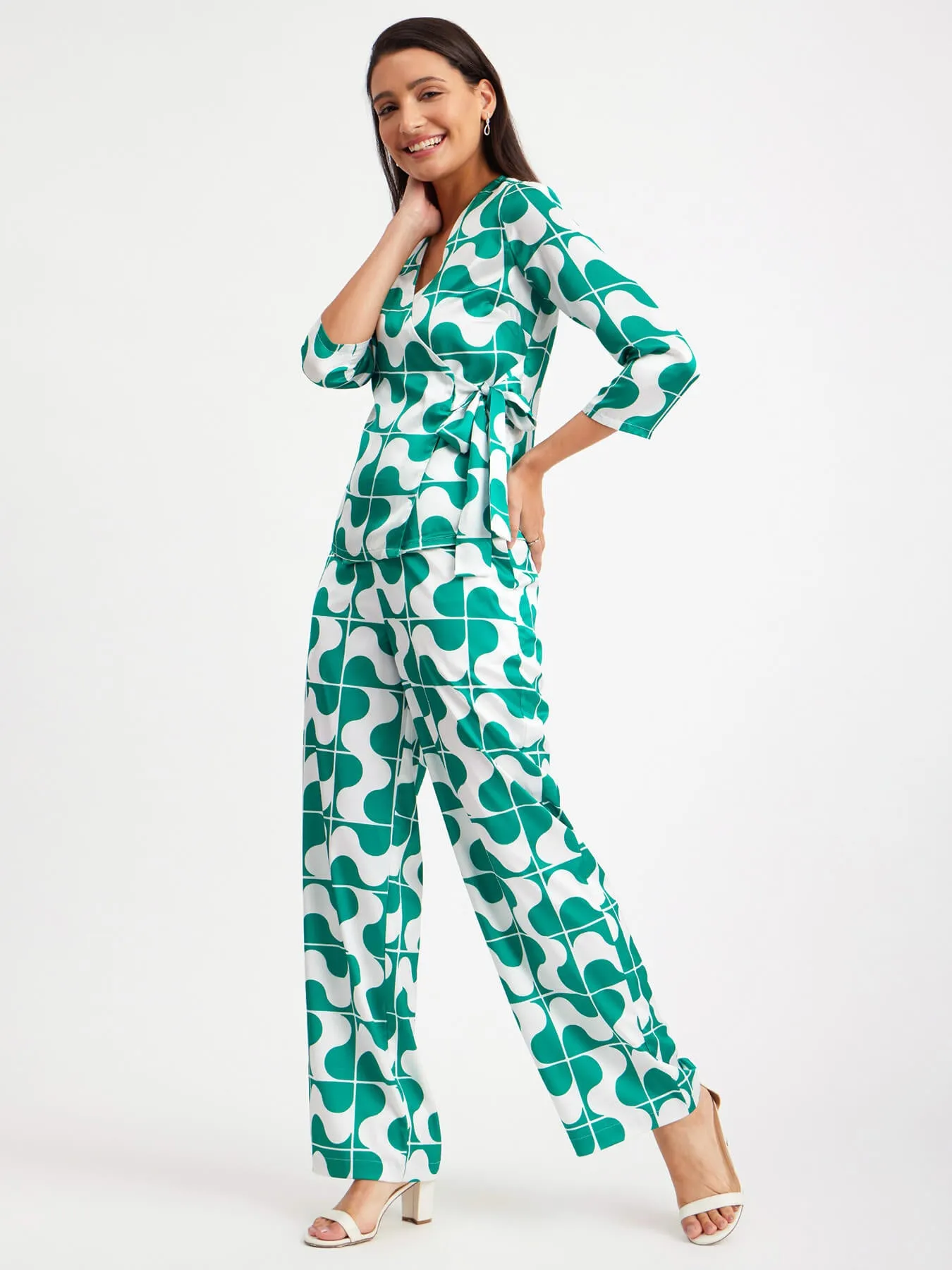 Satin Shirt And Pants Co-ord - Green And White