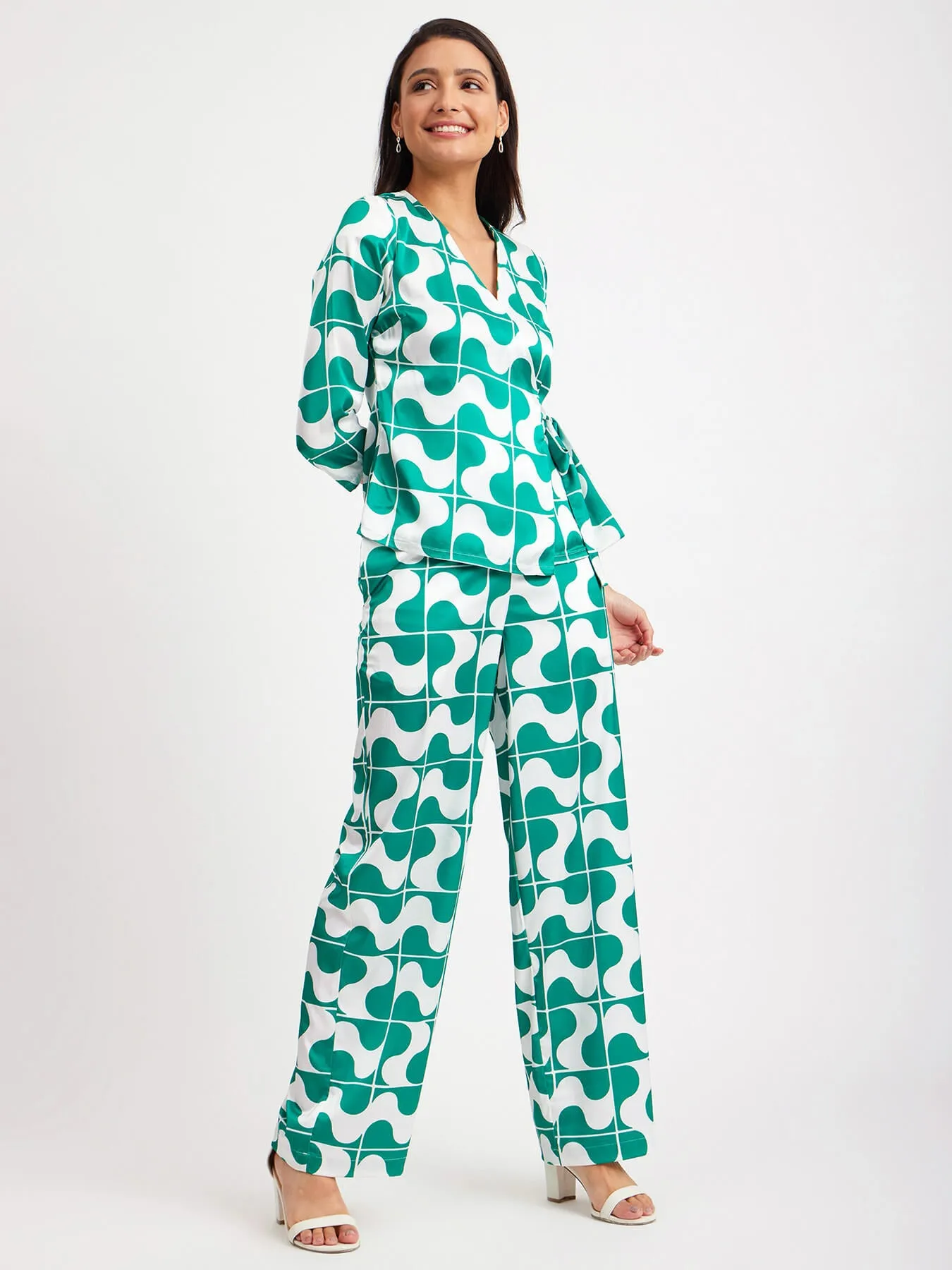 Satin Shirt And Pants Co-ord - Green And White