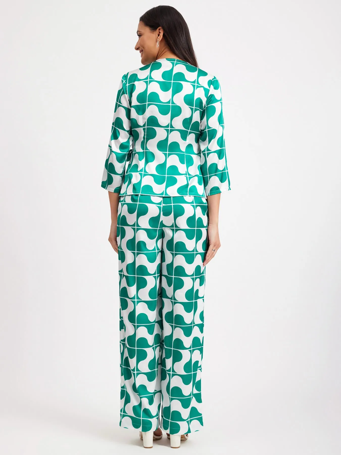 Satin Shirt And Pants Co-ord - Green And White