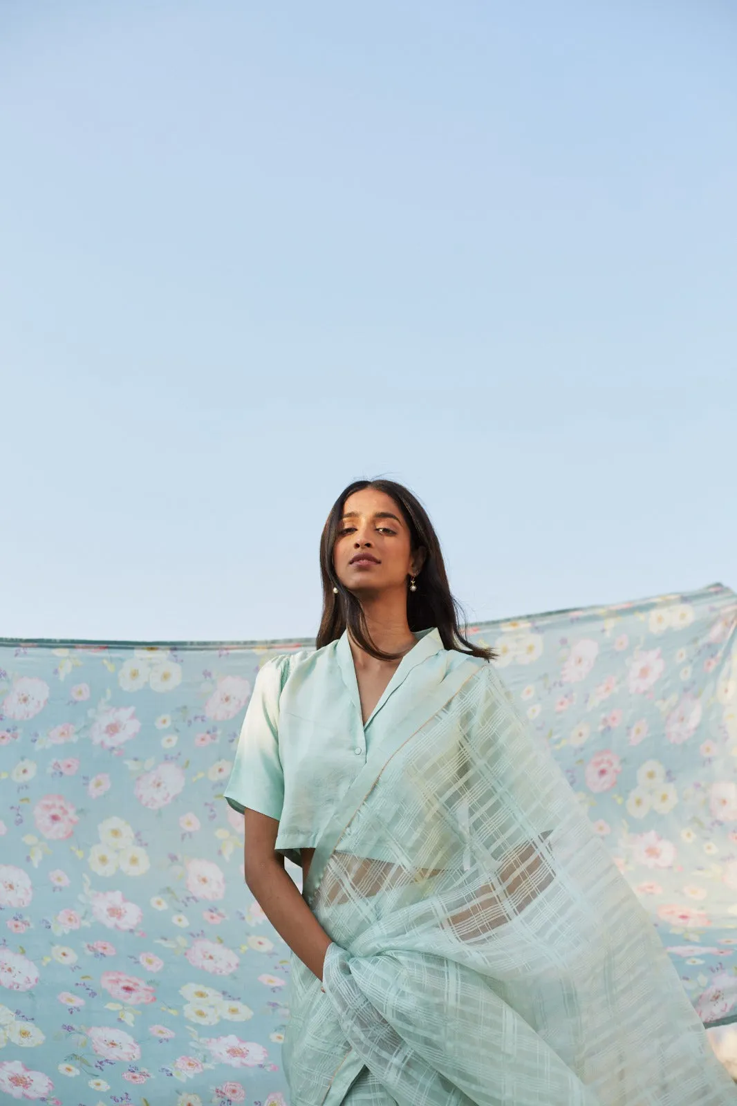 Serenity Seafoam Mulberry Organza Silk Saree