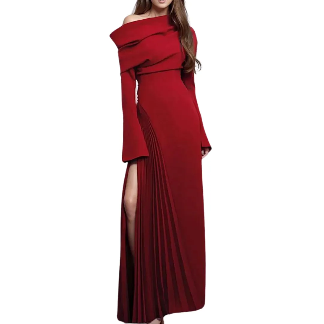 Slask Neck Flare Sleeves Waist Retraction Spliced Pleated Ankle-length Dress