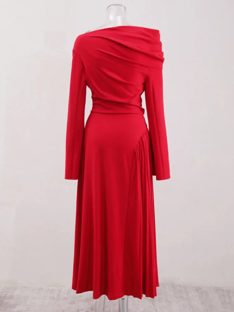 Slask Neck Flare Sleeves Waist Retraction Spliced Pleated Ankle-length Dress