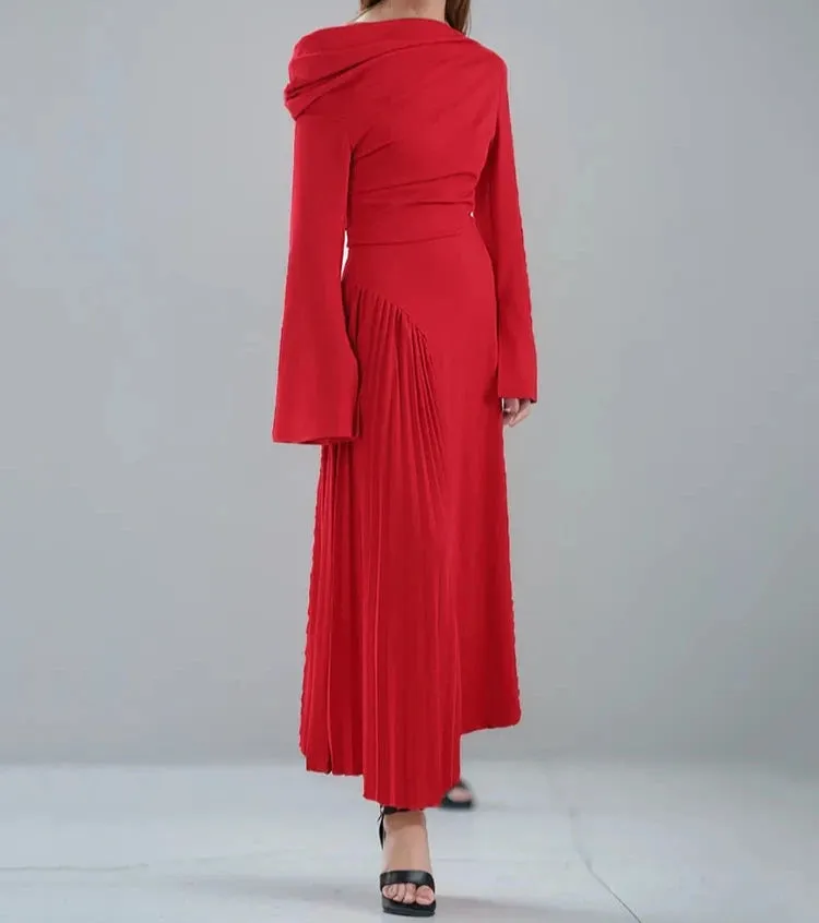 Slask Neck Flare Sleeves Waist Retraction Spliced Pleated Ankle-length Dress