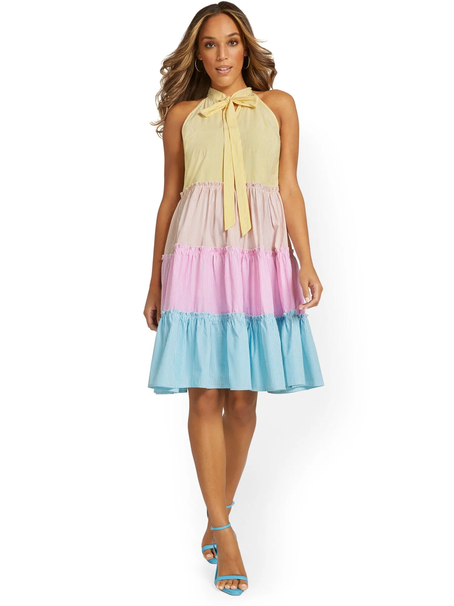 Striped Halterneck Tiered Shift Dress