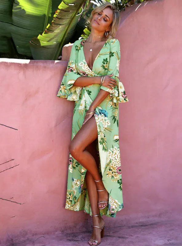 TastyHottie - Floral Print Summer Maxi Dress Women Vintage V Neck