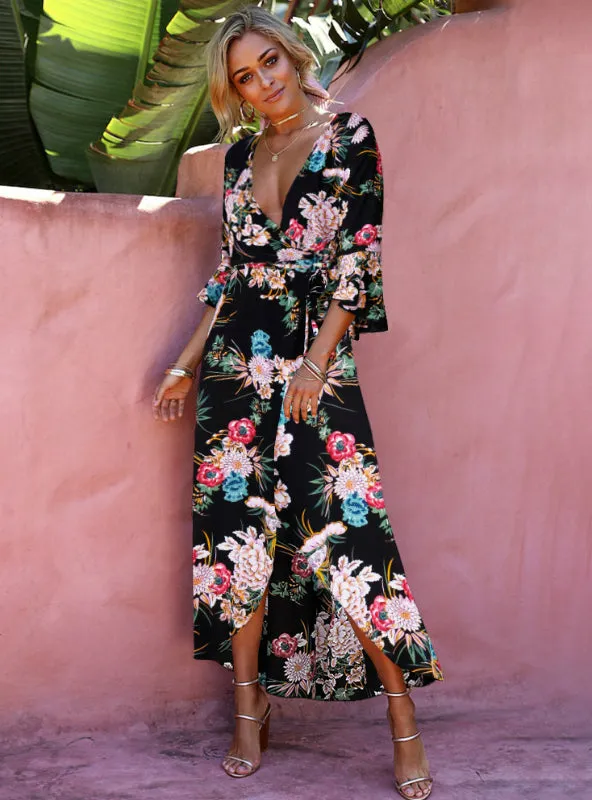 TastyHottie - Floral Print Summer Maxi Dress Women Vintage V Neck