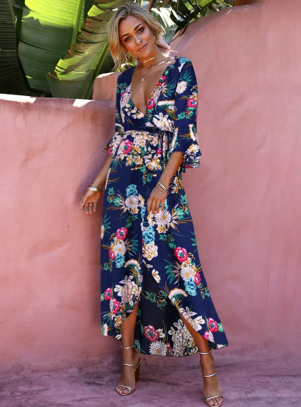 TastyHottie - Floral Print Summer Maxi Dress Women Vintage V Neck