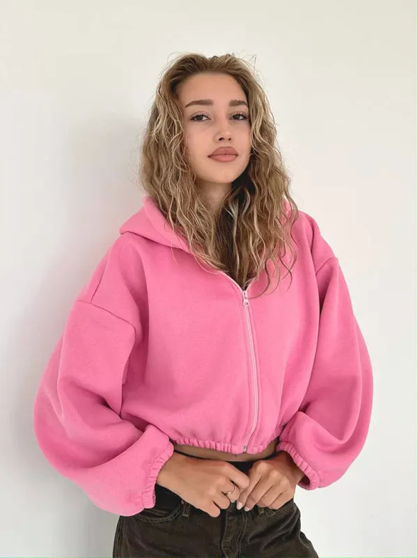 Trendy Cropped Hoodie with Balloon Sleeves