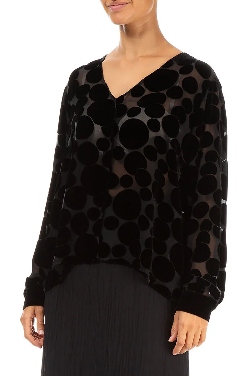 V-Neck Devoré Bubbles Black Silk Velvet Blouse