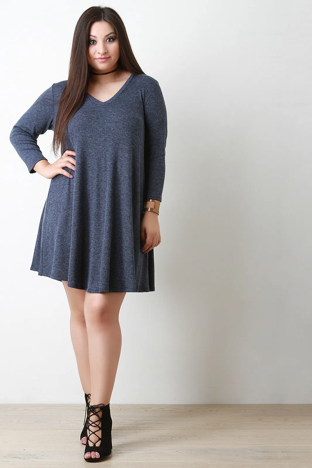 V-Neck Ribbed Knit Shift Dress