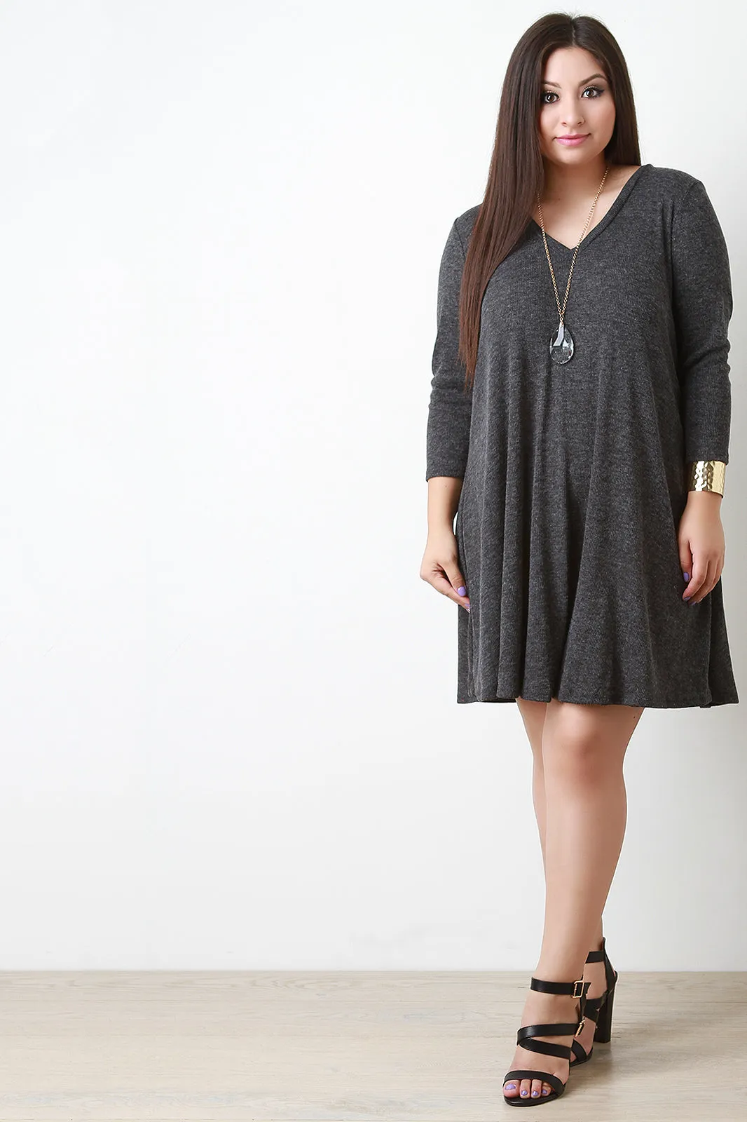 V-Neck Ribbed Knit Shift Dress